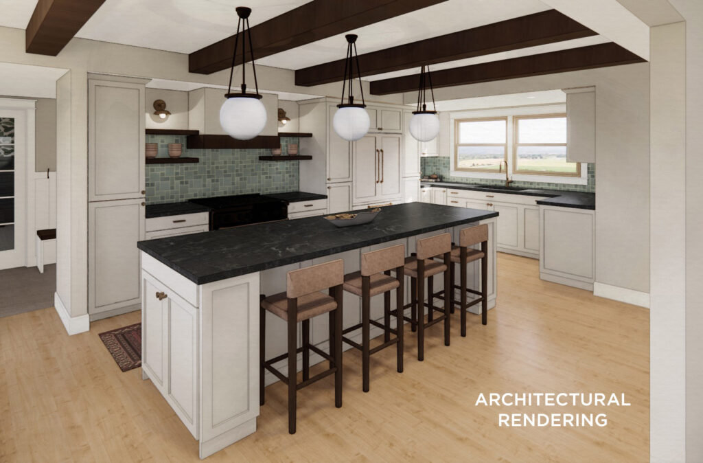 architectural rendering of a kitchen with white cabinets, black countertops and wooden beams in the ceiling