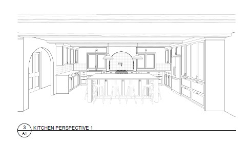 Architectural rendering of a kitchen with large island