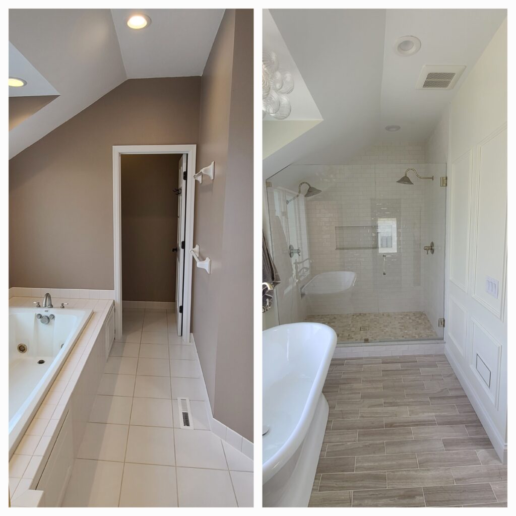 Before & After of a bathroom remodel featuring a new glass tile shower